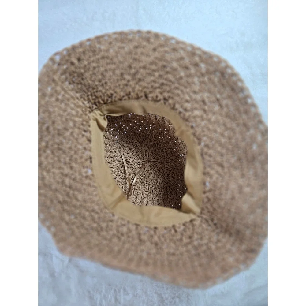 Woven Straw‎ Sun Hat with Brown Bow Accent Tan Cottagecore Summer Beach Hat